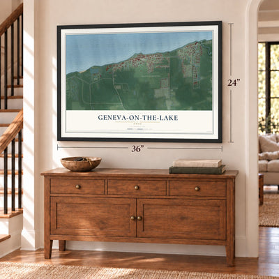 Geneva-on-the-Lake, Ohio map, 24 x 36 inch print in a black frame above a dresser by a staircase