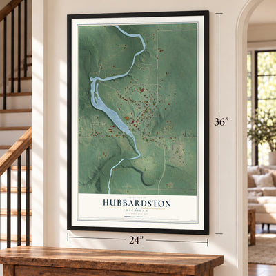 Hubbardston, Michigan map, 24 x 36 inch print in a black frame by a staircase