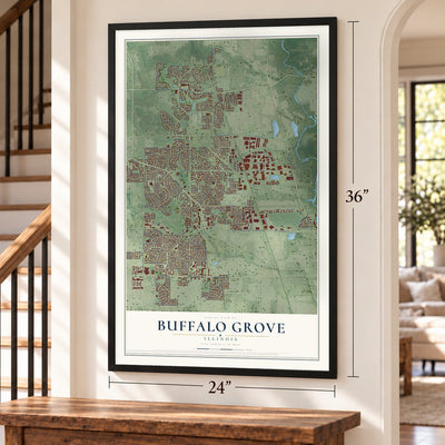 Buffalo Grove, Illinois map, 24 x 36 inch print in a black frame by a staircase