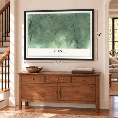 Glen, New York map, 24 x 36 inch print in a black frame above a dresser by a staircase