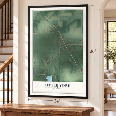Little York, Indiana map, 24 x 36 inch print in a black frame by a staircase