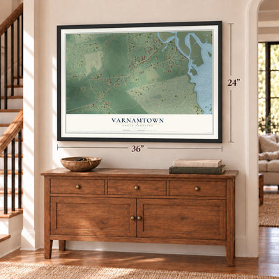 Varnamtown, North Carolina map, 24 x 36 inch print in a black frame above a dresser by a staircase