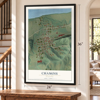 Chamois, Missouri map, 24 x 36 inch print in a black frame by a staircase