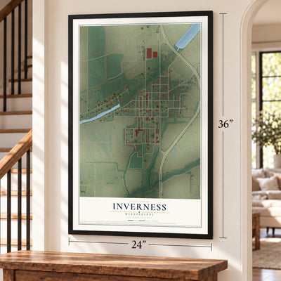 Inverness, Mississippi map, 24 x 36 inch print in a black frame by a staircase