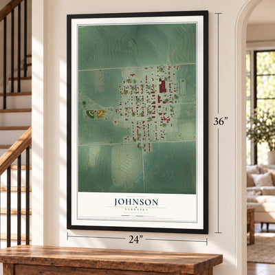 Johnson, Nebraska map, 24 x 36 inch print in a black frame by a staircase
