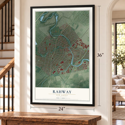 Rahway, New Jersey map, 24 x 36 inch print in a black frame by a staircase
