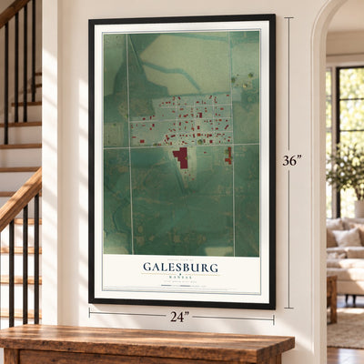 Galesburg, Kansas map, 24 x 36 inch print in a black frame by a staircase