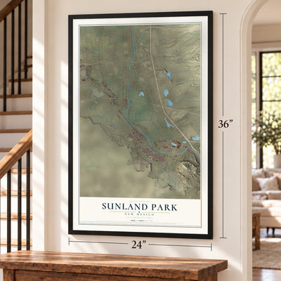 Sunland Park, New Mexico map, 24 x 36 inch print in a black frame by a staircase