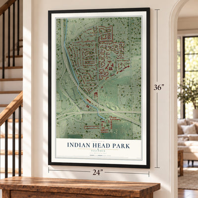 Indian Head Park, Illinois map, 24 x 36 inch print in a black frame by a staircase