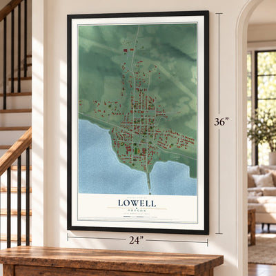 Lowell, Oregon map, 24 x 36 inch print in a black frame by a staircase