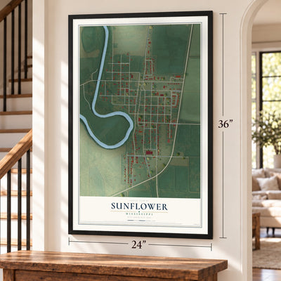Sunflower, Mississippi map, 24 x 36 inch print in a black frame by a staircase