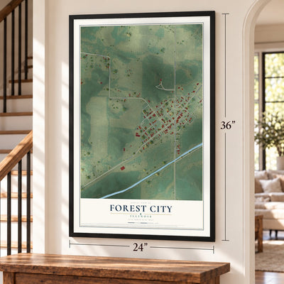 Forest City, Illinois map, 24 x 36 inch print in a black frame by a staircase