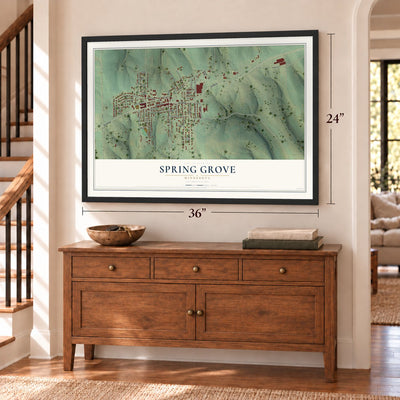 Spring Grove, Minnesota map, 24 x 36 inch print in a black frame above a dresser by a staircase