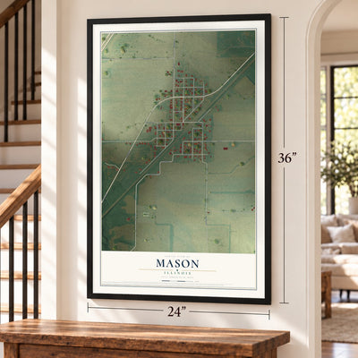 Mason, Illinois map, 24 x 36 inch print in a black frame by a staircase
