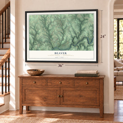 Beaver, Clarion County, Pennsylvania map, 24 x 36 inch print in a black frame above a dresser by a staircase