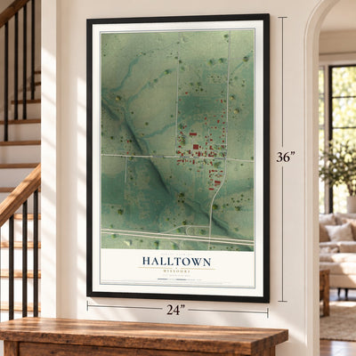 Halltown, Missouri map, 24 x 36 inch print in a black frame by a staircase