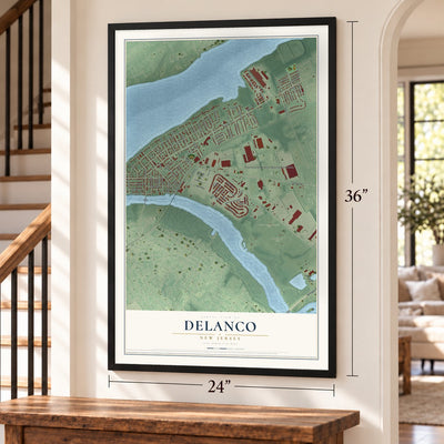 Delanco, New Jersey map, 24 x 36 inch print in a black frame by a staircase