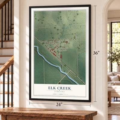 Elk Creek, Nebraska map, 24 x 36 inch print in a black frame by a staircase