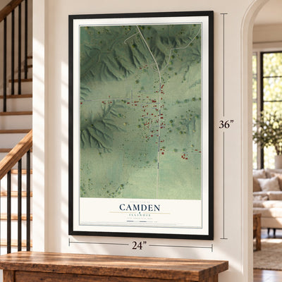 Camden, Illinois map, 24 x 36 inch print in a black frame by a staircase