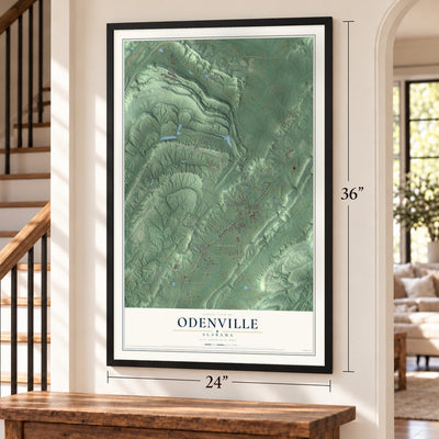 Odenville, Alabama map, 24 x 36 inch print in a black frame by a staircase