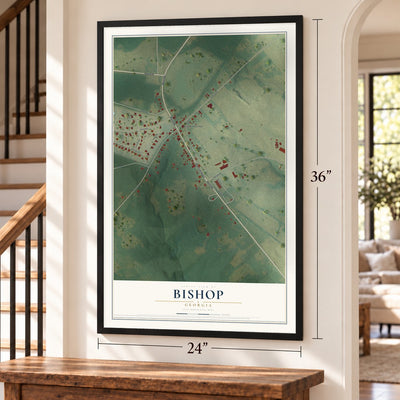 Bishop, Georgia map, 24 x 36 inch print in a black frame by a staircase
