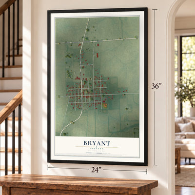 Bryant, Indiana map, 24 x 36 inch print in a black frame by a staircase