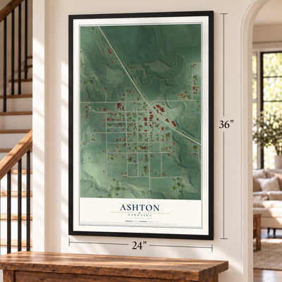 Ashton, Nebraska map, 24 x 36 inch print in a black frame by a staircase