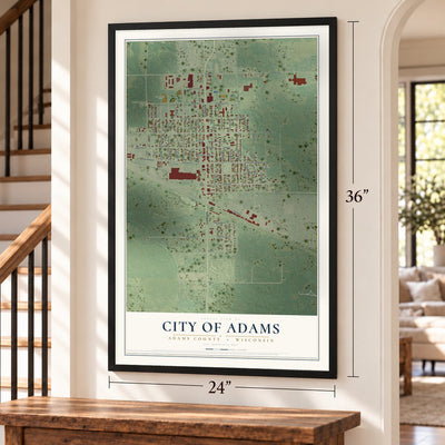 Adams, Wisconsin map, 24 x 36 inch print in a black frame by a staircase
