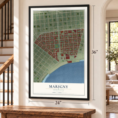 Marigny, Louisiana map, 24 x 36 inch print in a black frame by a staircase