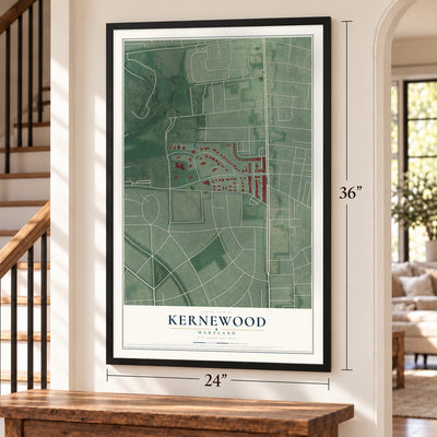 Kernewood, Maryland map, 24 x 36 inch print in a black frame by a staircase