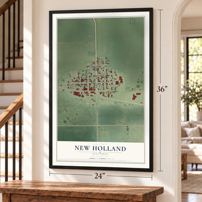 New Holland, Illinois map, 24 x 36 inch print in a black frame by a staircase