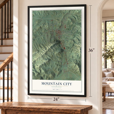 Mountain City, Tennessee map, 24 x 36 inch print in a black frame by a staircase