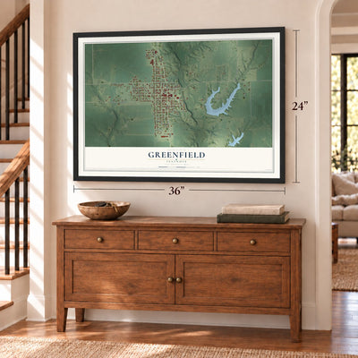 Greenfield, Illinois map, 24 x 36 inch print in a black frame above a dresser by a staircase