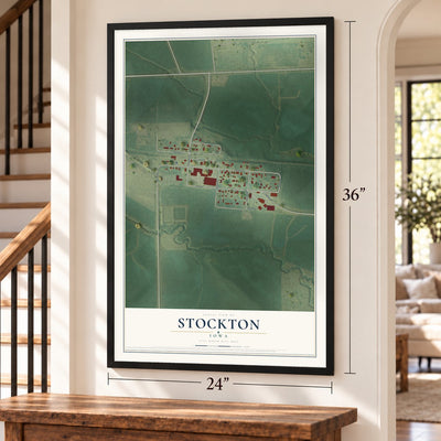 Stockton, Iowa map, 24 x 36 inch print in a black frame by a staircase