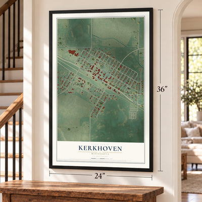Kerkhoven, Minnesota map, 24 x 36 inch print in a black frame by a staircase