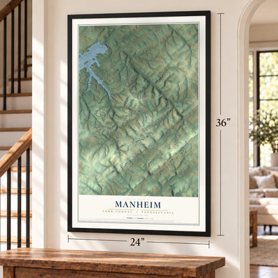 Manheim, York County, Pennsylvania map, 24 x 36 inch print in a black frame by a staircase