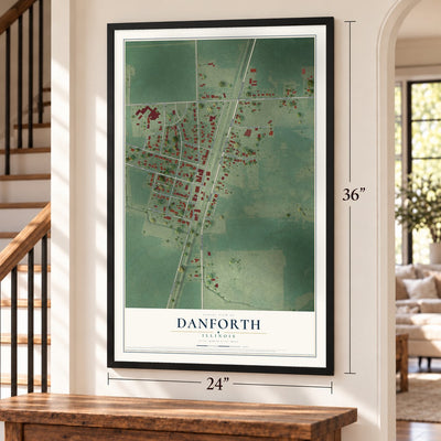 Danforth, Illinois map, 24 x 36 inch print in a black frame by a staircase