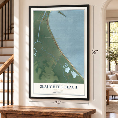 Slaughter Beach, Delaware map, 24 x 36 inch print in a black frame by a staircase