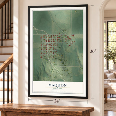 Maquon, Illinois map, 24 x 36 inch print in a black frame by a staircase