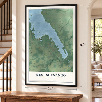 West Shenango, Pennsylvania map, 24 x 36 inch print in a black frame by a staircase