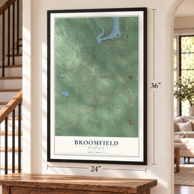 Broomfield, Michigan map, 24 x 36 inch print in a black frame by a staircase