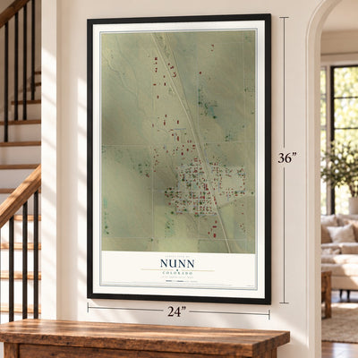 Nunn, Colorado map, 24 x 36 inch print in a black frame by a staircase