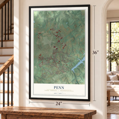Penn, York County, Pennsylvania map, 24 x 36 inch print in a black frame by a staircase