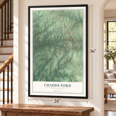 Chadds Ford, Pennsylvania map, 24 x 36 inch print in a black frame by a staircase