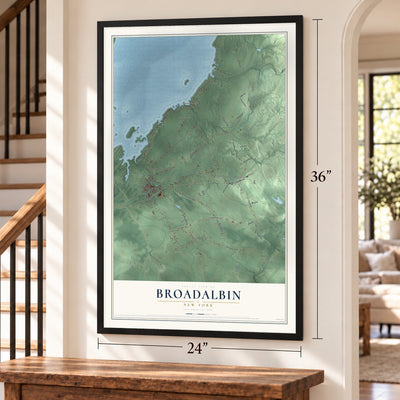Broadalbin, New York map, 24 x 36 inch print in a black frame by a staircase