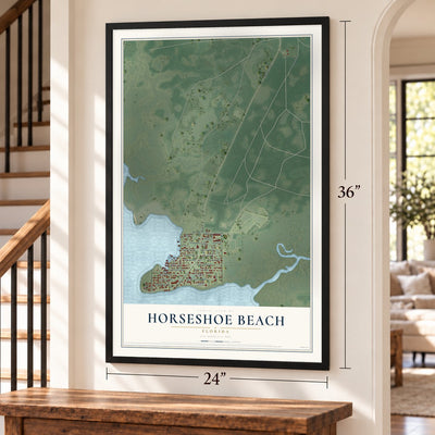 Horseshoe Beach, Florida map, 24 x 36 inch print in a black frame by a staircase