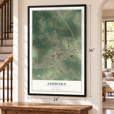 Ashburn, Georgia map, 24 x 36 inch print in a black frame by a staircase