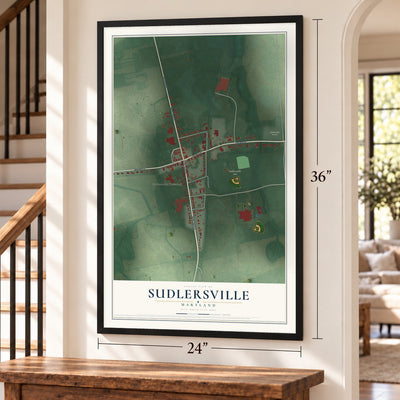 Sudlersville, Maryland map, 24 x 36 inch print in a black frame by a staircase