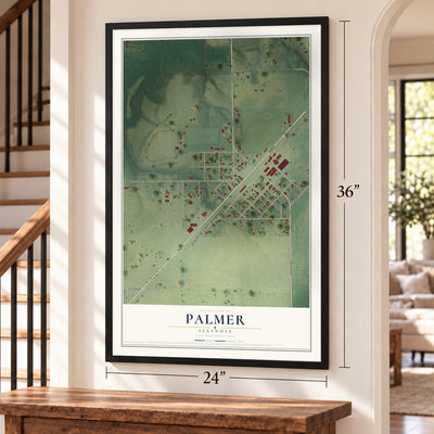 Palmer, Illinois map, 24 x 36 inch print in a black frame by a staircase