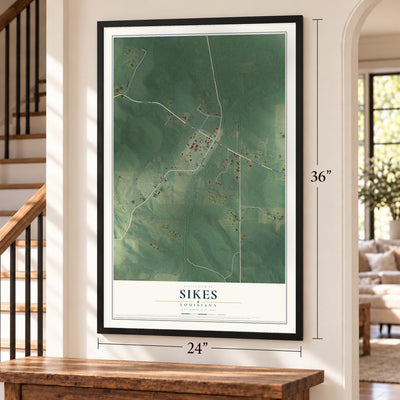 Sikes, Louisiana map, 24 x 36 inch print in a black frame by a staircase